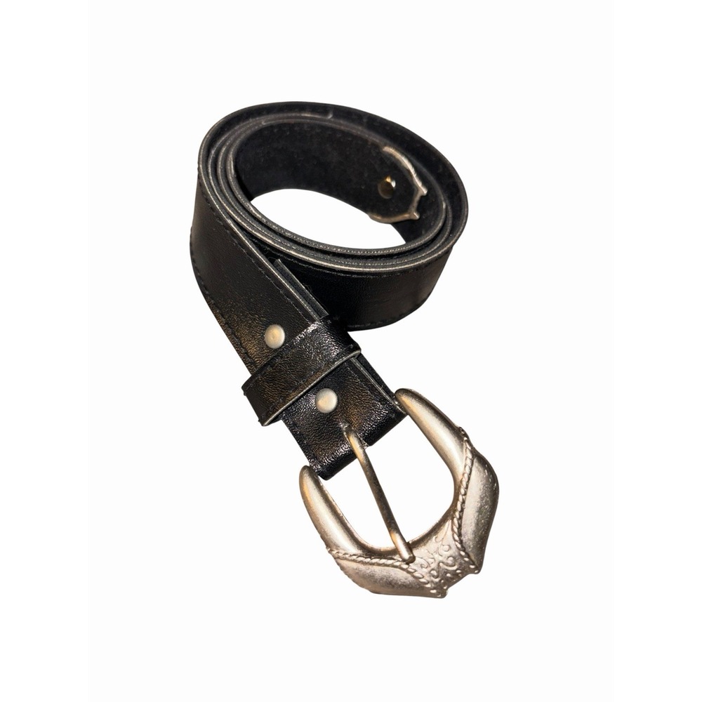 Ladies Black Western Belt with oversized, Engraved silver buckle 35" Sz Medium